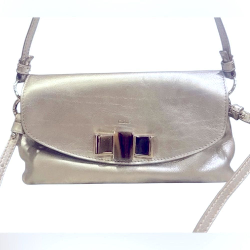 CHLOE Metallic Sunlit Silver 2way Mini Lily Crossbody Bag Top Handle Auth